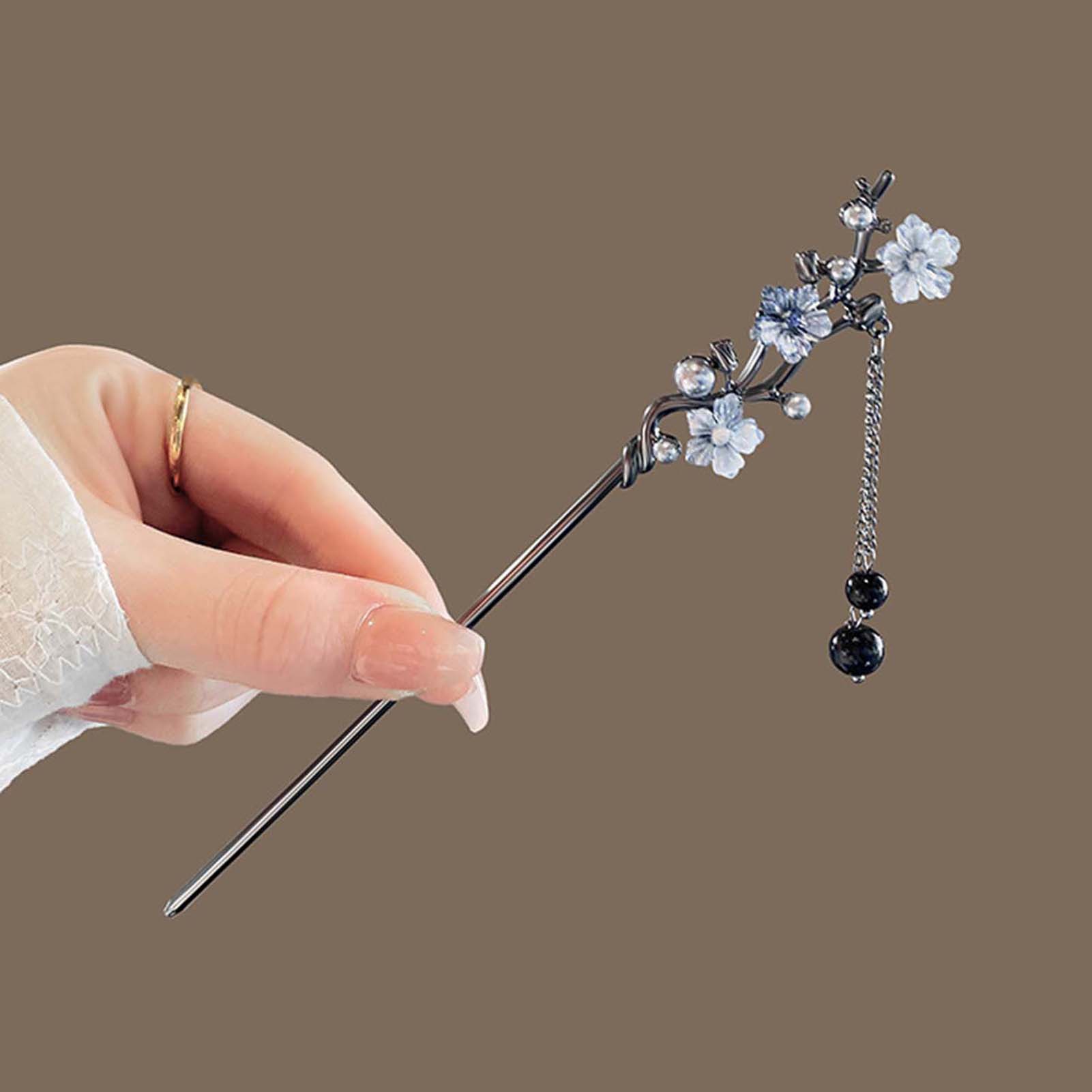 Jewelry Making Metals - กิ๊บติดผมแบบคลาสสิก ลายดอกไม้สีหมึก ประดับพู่โลหะ สำหรับผู้หญิง ประดับมุกสีดำ ลูกปัด