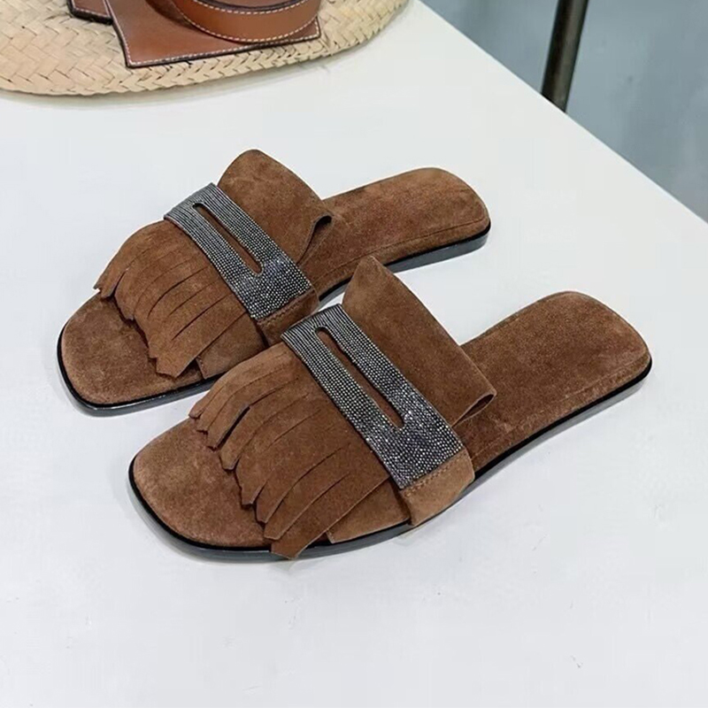 Jewelry Making Metals - โลหะลูกปัดตกแต่งเด็ก Suede Tassels รองเท้าแตะด้านล่างแบนผู้หญิงเปิดนิ้วเท้ารองเท้าแตะขี้เกียจสุภาพสตรีฤดูร้อนกลางแจ้งรองเท้า